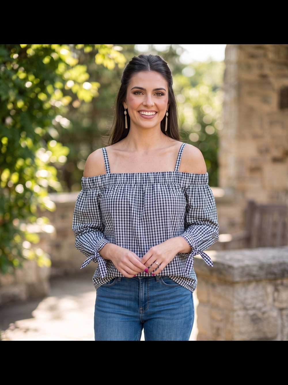 NEW Gingham Off-Shoulder Tie-Sleeve Blouse - Black/White